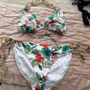 Swimsuits For All White Tropical Floral Bikini with Green & Red Accents